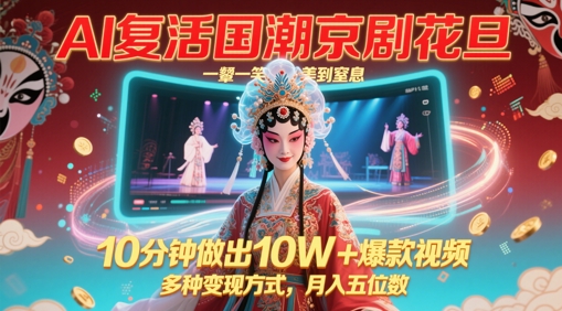 AI复活国潮京剧花旦，一颦一笑美到窒息，10分钟做出10W+爆款视频，多种变现方式，月入五位数网赚项目-副业赚钱-互联网创业-资源整合八方网创