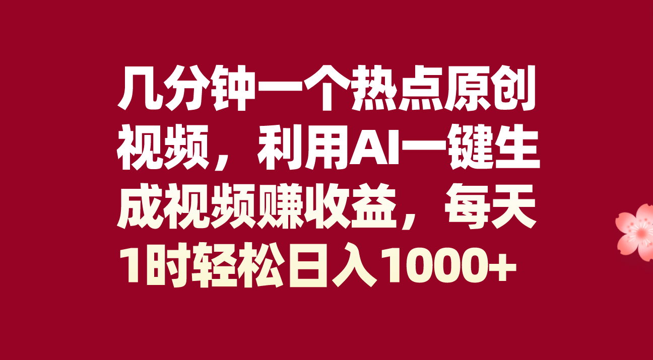 几分钟一个热点原创视频，利用AI一键生成视频赚收益，每天1时轻松日入1000+网赚项目-副业赚钱-互联网创业-资源整合八方网创