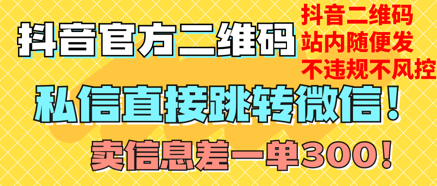 价值3000的技术！抖音二维码直跳微信！站内无限发不违规！网赚项目-副业赚钱-互联网创业-资源整合八方网创