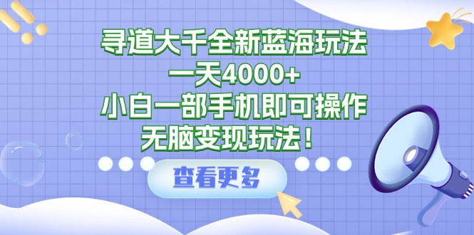 寻道大千全新蓝海玩法，一天4000+，小白一部手机即可操作，无脑变现玩法！网赚项目-副业赚钱-互联网创业-资源整合八方网创
