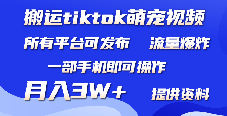 搬运Tiktok萌宠类视频，一部手机即可。所有短视频平台均可操作，月入3W+网赚项目-副业赚钱-互联网创业-资源整合八方网创