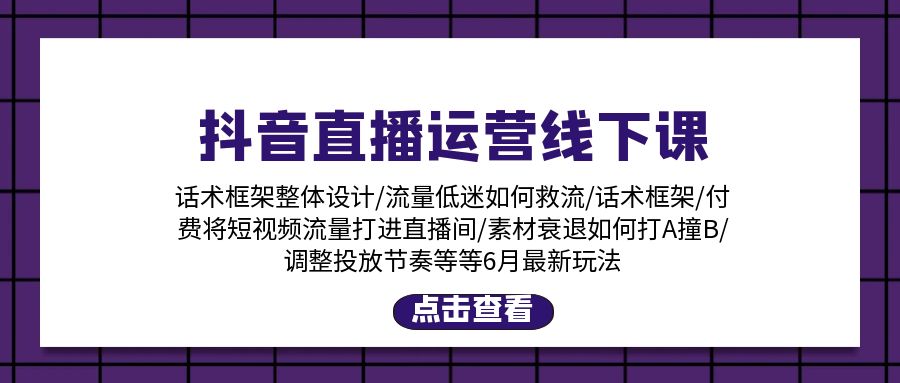 抖音直播运营线下课：话术框架/付费流量直播间/素材A撞B/等6月新玩法网赚项目-副业赚钱-互联网创业-资源整合八方网创