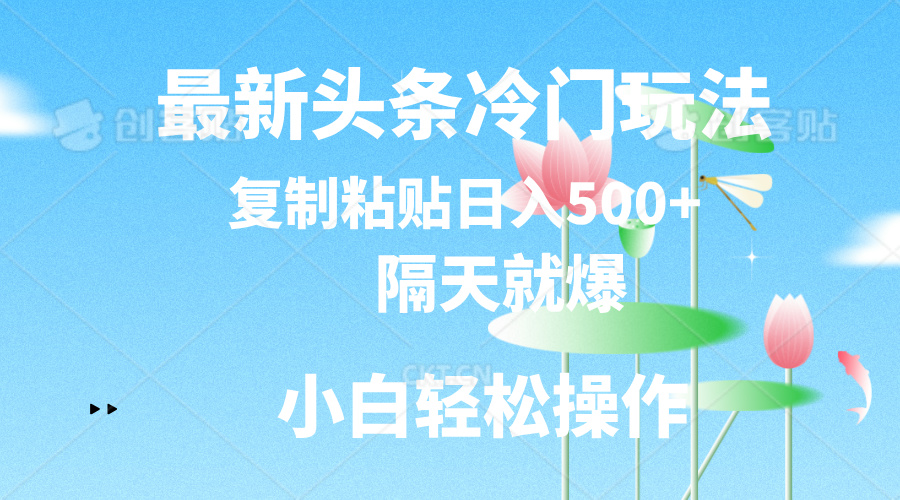 最新头条冷门玩法，隔天就爆，复制粘贴日入500+网赚项目-副业赚钱-互联网创业-资源整合八方网创