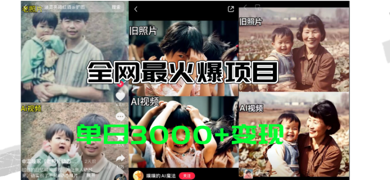 全网爆火的AI让老照片动起来教程，蹭热点日赚3000+，内含免费工具一键…网赚项目-副业赚钱-互联网创业-资源整合八方网创