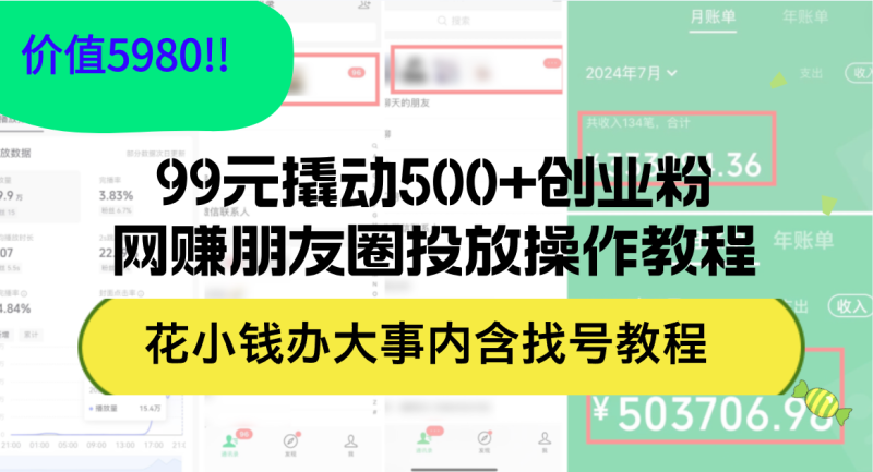 99元撬动500+创业粉，网赚朋友圈投放操作教程价值5980！花小钱办大事内…网赚项目-副业赚钱-互联网创业-资源整合八方网创