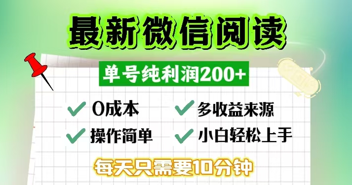 微信阅读最新玩法，每天十分钟，单号一天200+，简单0零成本，当日提现网赚项目-副业赚钱-互联网创业-资源整合八方网创
