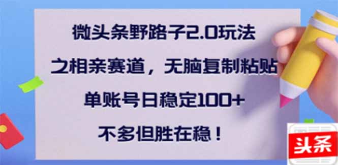 微头条野路子2.0玩法之相亲赛道，无脑搬砖复制粘贴，单账号日稳定300+…网赚项目-副业赚钱-互联网创业-资源整合八方网创