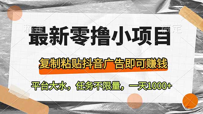 最新零撸小项目，复制粘贴抖音广告即可赚钱，平台大水，任务不限量，一…网赚项目-副业赚钱-互联网创业-资源整合八方网创