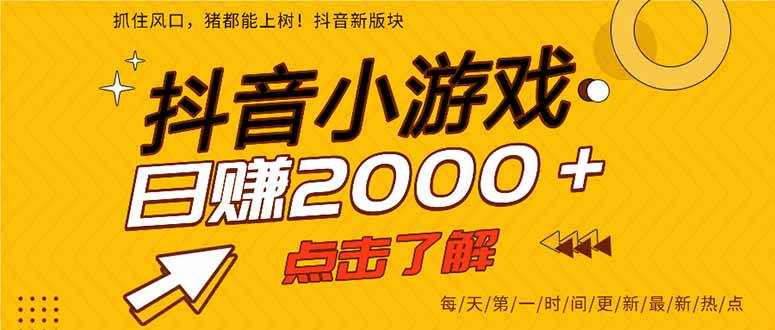抖音小游戏，最新风口项目，亲测单游戏2000+感兴趣点击了解。网赚项目-副业赚钱-互联网创业-资源整合八方网创