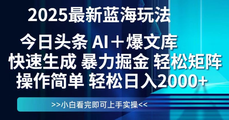今日头条2025最新蓝海玩法,思路简单,复制粘贴,轻松实现矩阵日入2000+网赚项目-副业赚钱-互联网创业-资源整合八方网创