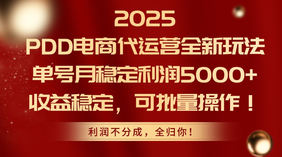 2025PDD电商代运营全新玩法，单号月稳定利润5000+，收益稳定，可批量操作网赚项目-副业赚钱-互联网创业-资源整合八方网创