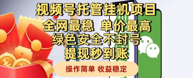 视频号托管挂G项目全网最稳，单价最高，绿色安全不封号提现秒到账，操作简单，收益稳定网赚项目-副业赚钱-互联网创业-资源整合八方网创