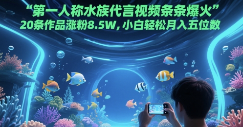 第一人称水族代言视频条条爆火，20条作品涨粉8.5W，小白轻松月入五位数网赚项目-副业赚钱-互联网创业-资源整合八方网创