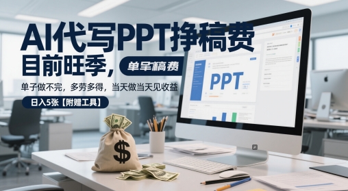 AI代写PPT挣稿费，目前旺季，单子做不完，多劳多得，当天做当天见收益，日入5张【附赠工具】网赚项目-副业赚钱-互联网创业-资源整合八方网创