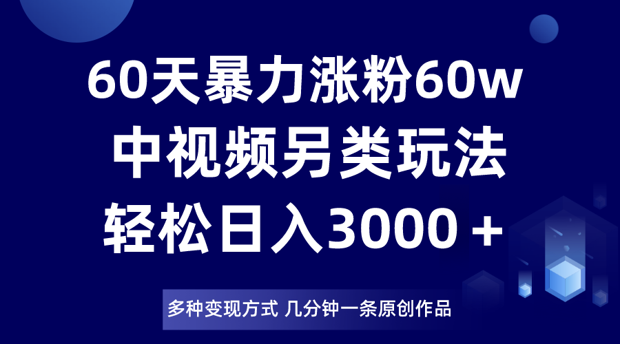 60天暴力涨粉60W，中视频另类玩法，日入3000＋，几分钟一条原创作品多种变现方式网赚项目-副业赚钱-互联网创业-资源整合八方网创