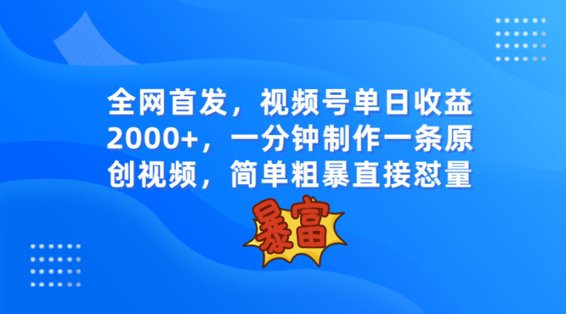 全网首发，视频号单日收益2000+，一分钟制作一条原创视频，简单粗暴网赚项目-副业赚钱-互联网创业-资源整合八方网创
