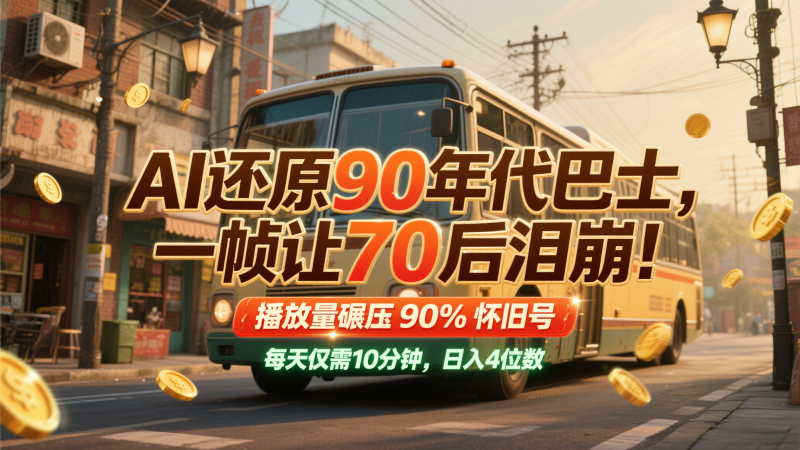 AI还原90年代巴士,一帧让70后泪崩!播放量碾压90%怀旧号,每天10分钟,日入4位数网赚项目-副业赚钱-互联网创业-资源整合八方网创