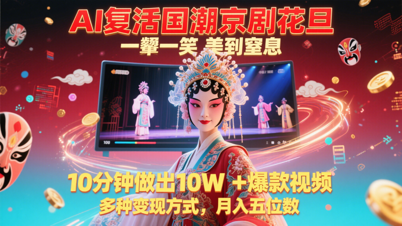 AI复活国潮京剧花旦,一颦一笑美到窒息,10分钟做出10W+爆款视频,多种变现方式网赚项目-副业赚钱-互联网创业-资源整合八方网创