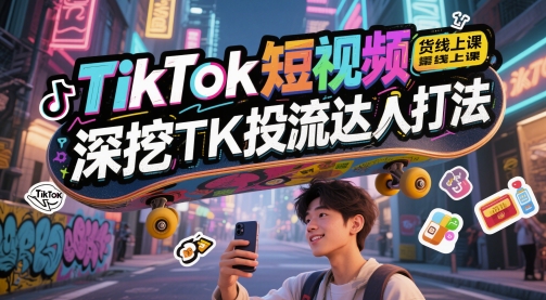 TikTok短视频带货线上课，深挖TK投流达人打法网赚项目-副业赚钱-互联网创业-资源整合八方网创