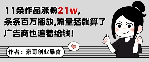 11条作品涨粉21W，条条百W播放，流量猛就算了，广告商也追着给钱网赚项目-副业赚钱-互联网创业-资源整合八方网创