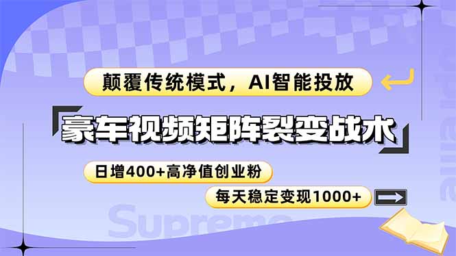 豪车视频矩阵裂变战术，颠覆传统模式，AI智能投放，日增400+高净值创业…网赚项目-副业赚钱-互联网创业-资源整合八方网创